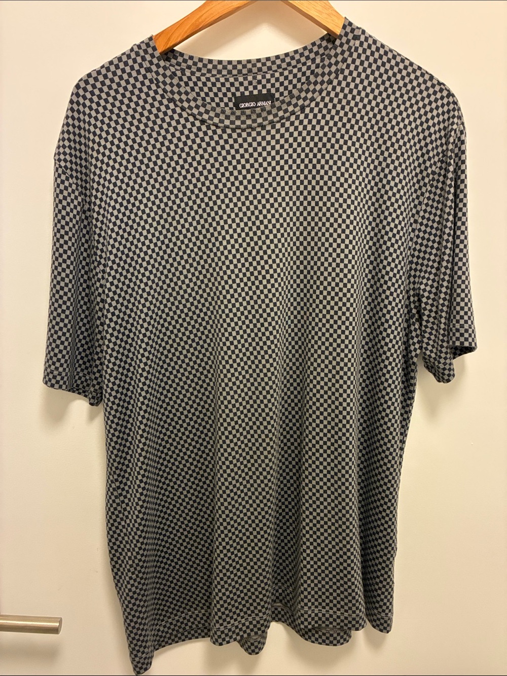 Giorgio Armani Black and Gray Checkerprint Short-Sleeve Crew Shirt